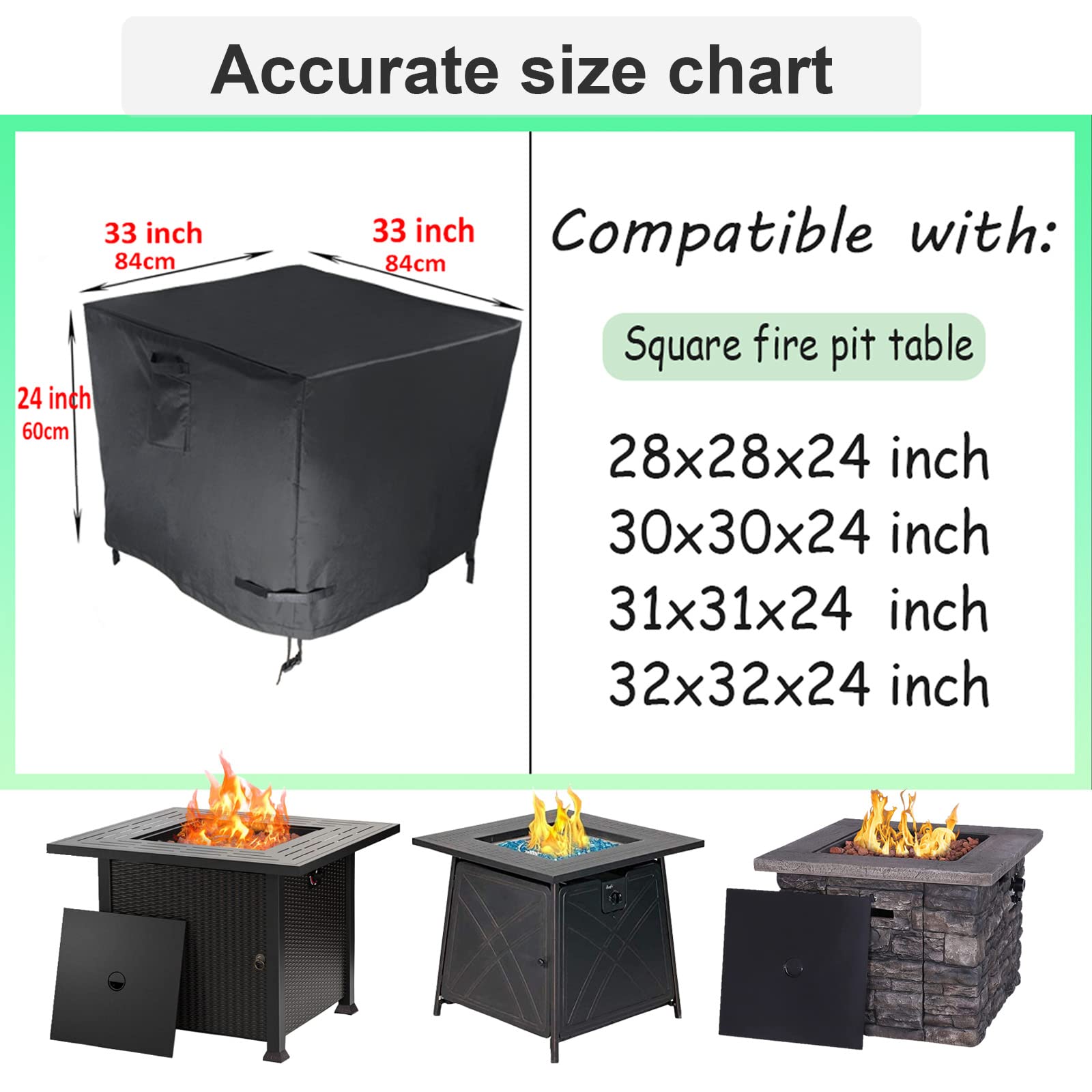 MONLIVVU Fire Pit Cover Square 32 Inch, Waterproof 600D Heavy Duty with PVC Lining Patio Gas/Propane Firepit Table Cover for 28/30/32 Inch Firepit Table Black, 32''Lx32''Wx24''H