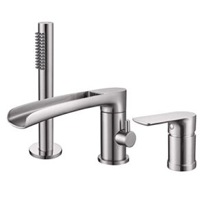 taplong waterfall roman tub faucet with hand shower, widespread deck mount bathtub faucet with sprayer, single-handle 3-holes bathtub shower faucet set in brushed nickel, 03119bn