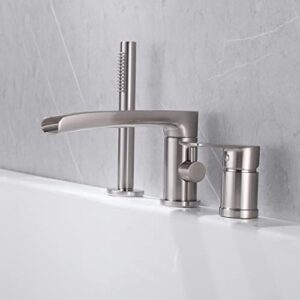 TapLong Waterfall Roman Tub Faucet with Hand Shower, Widespread Deck Mount Bathtub Faucet with Sprayer, Single-Handle 3-Holes Bathtub Shower Faucet Set in Brushed Nickel, 03119BN