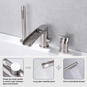 TapLong Waterfall Roman Tub Faucet with Hand Shower, Widespread Deck Mount Bathtub Faucet with Sprayer, Single-Handle 3-Holes Bathtub Shower Faucet Set in Brushed Nickel, 03119BN