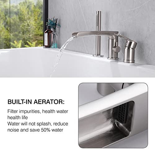 TapLong Waterfall Roman Tub Faucet with Hand Shower, Widespread Deck Mount Bathtub Faucet with Sprayer, Single-Handle 3-Holes Bathtub Shower Faucet Set in Brushed Nickel, 03119BN