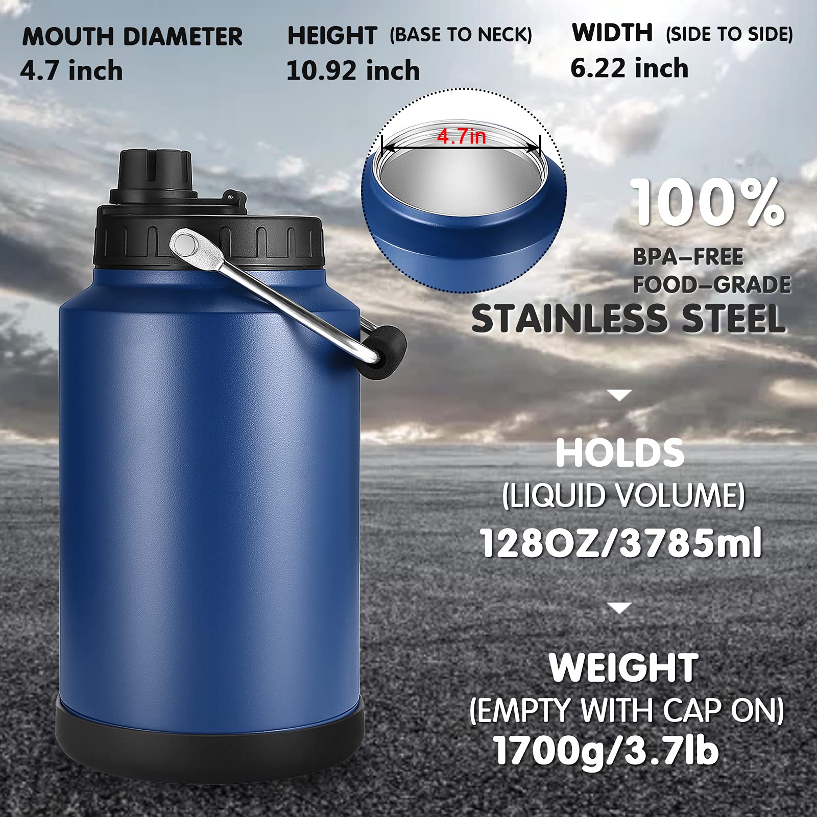 Sursip 128OZ Insulated Water Jug,One Gallon Vacuum Stainless Steel Double Walled Water Bottle with Stainless steel Handle,18/8 Food-Grade Insulated Water Bottle,Travel Drinking Water Flask-Grey