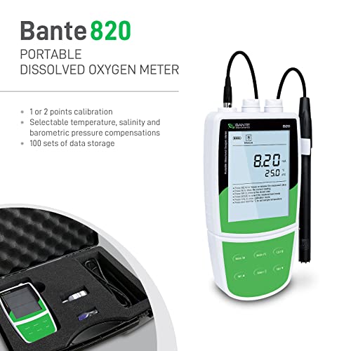 Bante 820 Portable Dissolved Oxygen Meter | Dissolved Oxygen Tester Kit | 10 ft Cable, 1 or 2 Points Calibration, 100 Sets of Data Storage, USB Communication Interface