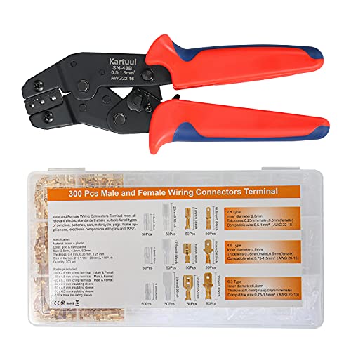 Kartuul Wire Terminal Crimping Tool Kit, AWG22-16(0.5-1.5mm²) Self-Adjusting Ratcheting Spade Connector Crimper Pliers Set with 300PCS Male and Female Spade Connectors