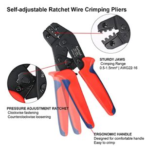 Kartuul Wire Terminal Crimping Tool Kit, AWG22-16(0.5-1.5mm²) Self-Adjusting Ratcheting Spade Connector Crimper Pliers Set with 300PCS Male and Female Spade Connectors