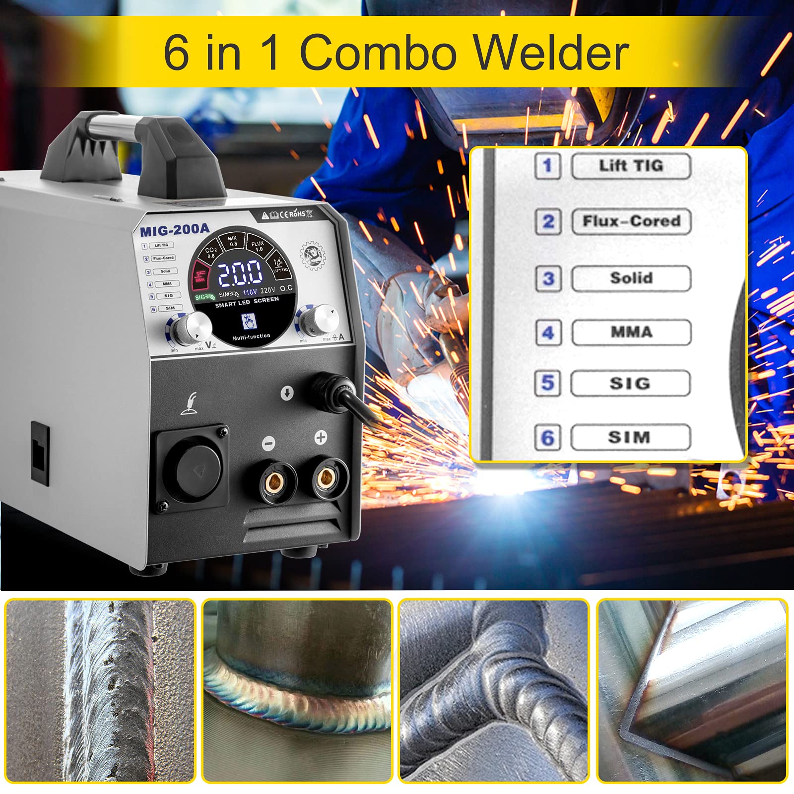 VEVOR MIG TIG MMA Welder 200A Welding Machine 6 in 1 Combo Aluminum Welding Machine 110/220V Portable Flux Core Welder Automatic Wire Feeding Wire Dia. 0.68-1.0 MM w/1 KG Welding Wire Stick Welder