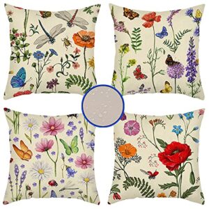 vigvog set of 4 decorative colorful throw pillow covers 18x18 inches, flowers butterfly printed pillow cases, waterproof outdoor square cushion covers for garden living room couch sofa farmhouse