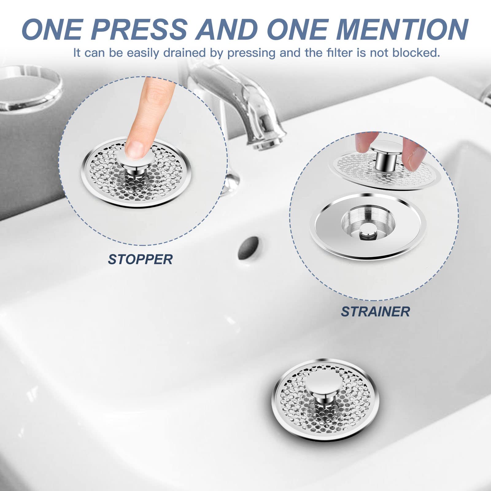 Universal 1.06~1.26 Inch Stainless Steel Bathroom Sink Stopper Anti Clogging Bathtub Drain Stopper with Filter Basket, Bounce Bullet Type Sink Plug for 1-1/4'' Sink Drain