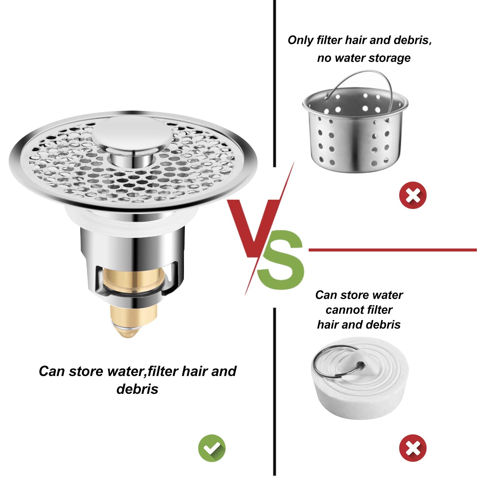 Universal 1.06~1.26 Inch Stainless Steel Bathroom Sink Stopper Anti Clogging Bathtub Drain Stopper with Filter Basket, Bounce Bullet Type Sink Plug for 1-1/4'' Sink Drain