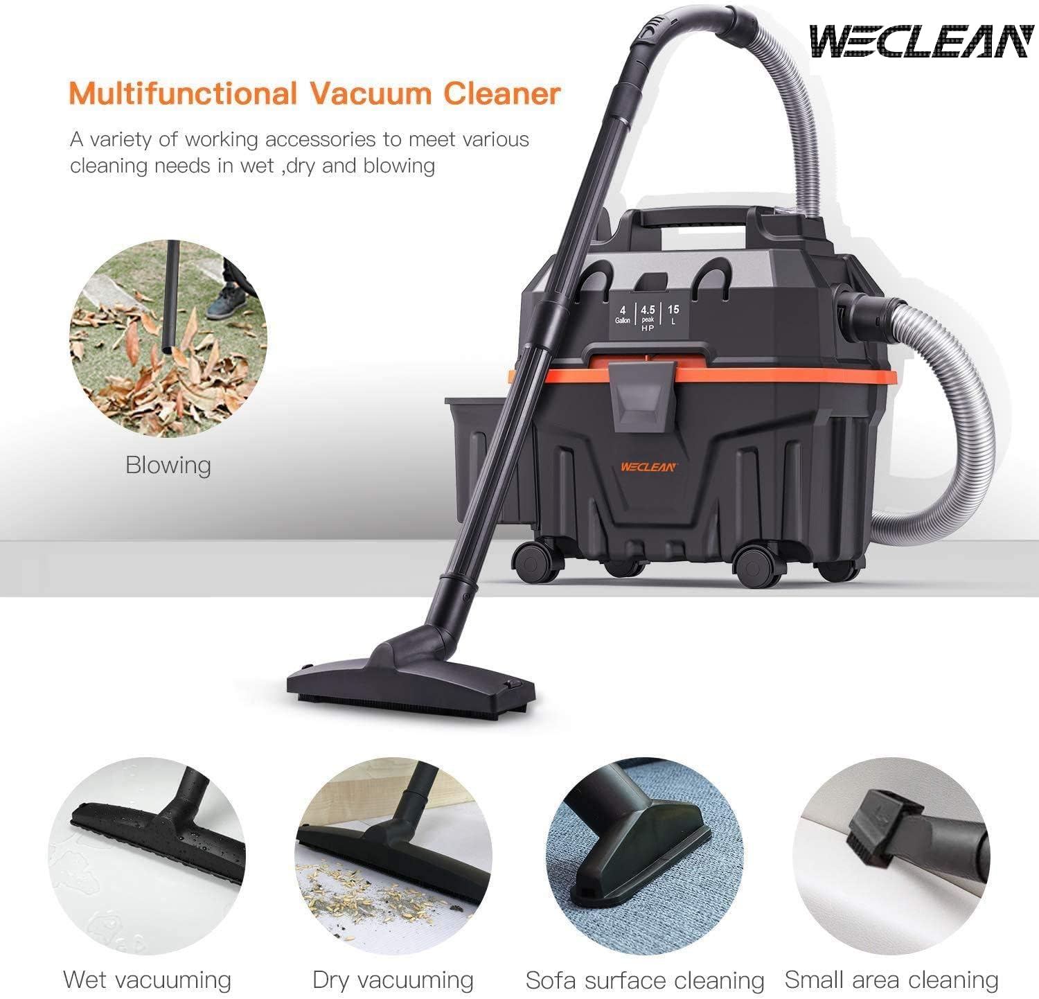 WECLEAN V8 Shop Vacs Wet and Dry 5 Gallon 5.5 Peak HP Shop Vacuum Stainless Steel Tank with Blower for Carpet Wooden Floor Shop Vacuum with Wheels for Household, Garage, Basement and Workshop