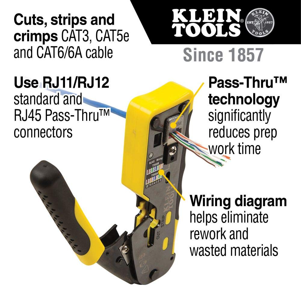 Klein Tools VDV501-851 Cable Tester Kit & VDV226-110 Ratcheting Modular Cable Crimper/Wire Stripper/Wire Cutter, for RJ11/RJ12 Standard and RJ45 Pass-Thru Connectors