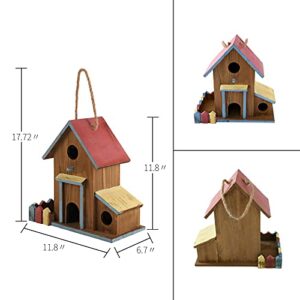 2in1Bird House&Bird Feeder,Bird Houses for Outside,3 Hole Bird House for Outside/Indoors/Hanging,Wooden Birdhouses,Handmade Natural Bird House for Garden/Courtyard/Backyard Decor,Large Bird Houses.