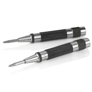 heavy duty automatic center punch with hardened steel - pack of 2 premium universal metal hand tool for machinists and carpenters spring loaded with adjustable knurled cap and hard-shell carry case