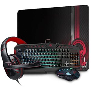 hypergear 4-in-1 gaming kit rgb backlit gaming keyboard, 4 level dpi switch mouse, stereo gaming headphones with mic, mousepad for pc in game & online chat