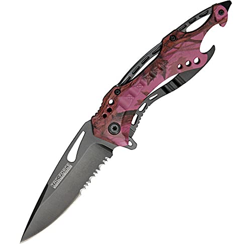 Linerlock A/O Pink Camo Aluminum Handle Serrated Stainless Steel Open Folding Pocket Knife 705pc Outdoor Survival Hunting Knife for Camping by Survival Steel