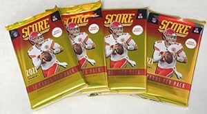 2021-2022 panini score nfl football retail 4 sealed packs lot of 12 cards each pack. 48 cards in all look for exclusive retail gold parallels and green signature rookie cards loaded with rookies such as trevor lawrence, trey lance, zach wilson, najee harr