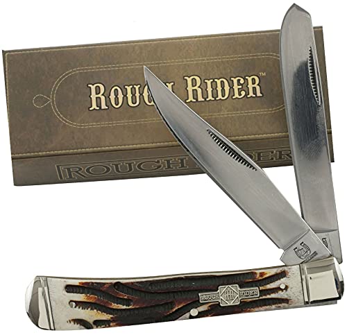 S.S. Folding Knives Rough Rider Stag Bone Handles Trapper Pocket Knife Rr154 2 Open Folding Blades Outdoor Survival Hunting Knife for Camping by Survival Steel