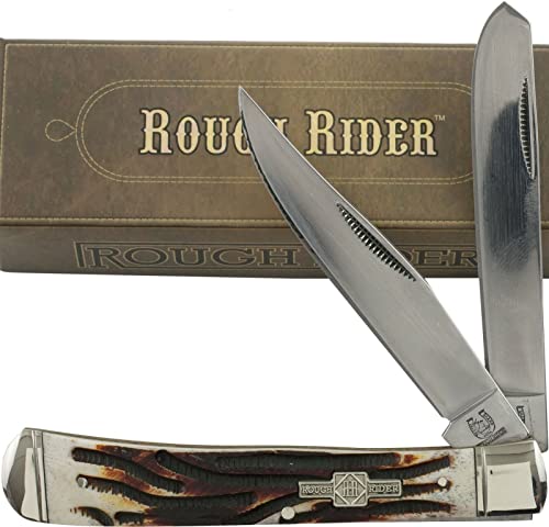 S.S. Folding Knives Rough Rider Stag Bone Handles Trapper Pocket Knife Rr154 2 Open Folding Blades Outdoor Survival Hunting Knife for Camping by Survival Steel