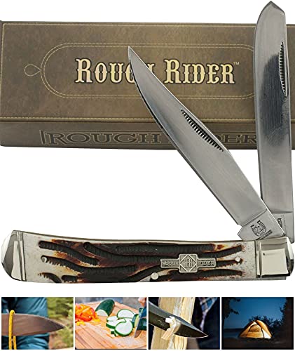 S.S. Folding Knives Rough Rider Stag Bone Handles Trapper Pocket Knife Rr154 2 Open Folding Blades Outdoor Survival Hunting Knife for Camping by Survival Steel