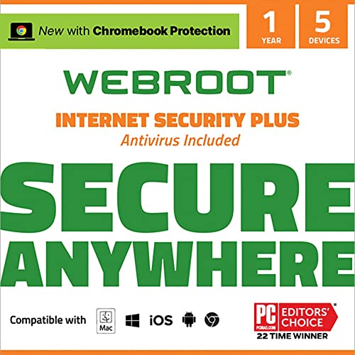 Webroot Internet Security Plus | Antivirus Software 2024 | 5 Device | 1 Year Subscription for PC/Mac/Chromebook/Android/IOS + Password Manager + Auto Renewal