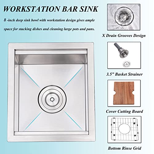 KINGO HOME 13x15 Inch Stainless Steel Small Bar Sink Undermount, Drop In Bar Sink Workstation 16 Gauge Ledge RV Kitchen Single Bowl Kitchen Wet Bar Prep Sink with Accessories