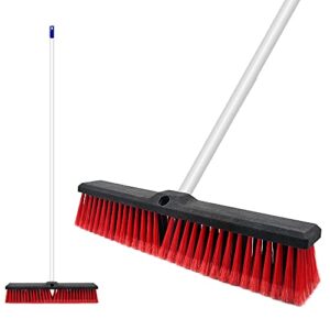 push broom, 18'' heavy duty outdoor broom with adjustable long handle, garage broom for cleaning bathroom kitchen living room deck patio garage driveway