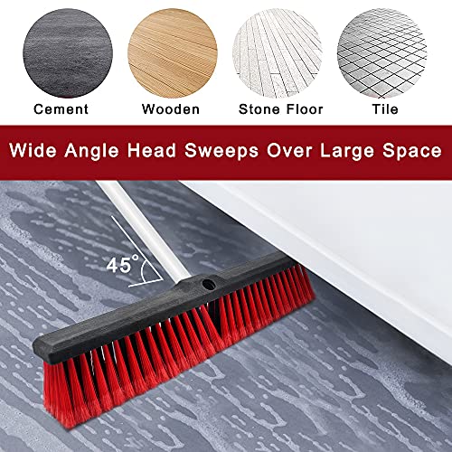 Push Broom, 18'' Heavy Duty Outdoor Broom with Adjustable Long Handle, Garage Broom for Cleaning Bathroom Kitchen Living Room Deck Patio Garage Driveway