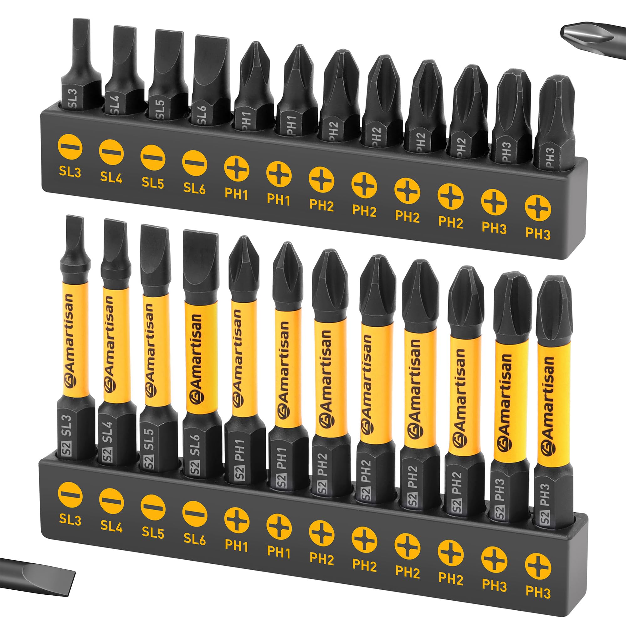 Amartisan 24-piece Screwdriver Bit Set | Magnetic Slotted Phillips driver bit set | S2 Steel, long 1" and 2.3" Head Drill Bits Set