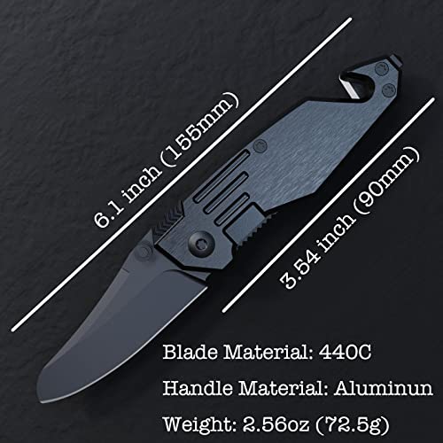 Pocket Knife, SHARKNIGHT EDC Pocket Knife 440C 2.56 inch Blade Wire Cord Cutter Glass Breaker Built-on Belt Clip Safe Lock Aluminum Handle Folding Knife for Outdoor Survival Camping Gift for Gentlemen