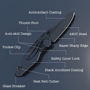 Pocket Knife, SHARKNIGHT EDC Pocket Knife 440C 2.56 inch Blade Wire Cord Cutter Glass Breaker Built-on Belt Clip Safe Lock Aluminum Handle Folding Knife for Outdoor Survival Camping Gift for Gentlemen