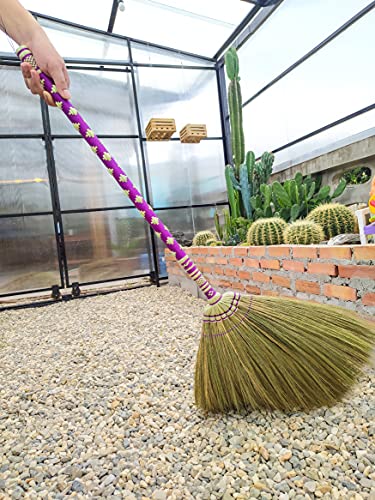 Sweeping Indoor L 40 inch, Asian Broom Thai Pattern Vintage,Witch Broom,Embroidery Woven Nylon Thread on The Whole Handle, Broom for Floor Cleaning,House, Kitchen, Office (Purple)