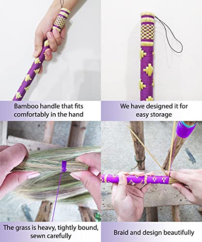 Sweeping Indoor L 40 inch, Asian Broom Thai Pattern Vintage,Witch Broom,Embroidery Woven Nylon Thread on The Whole Handle, Broom for Floor Cleaning,House, Kitchen, Office (Purple)