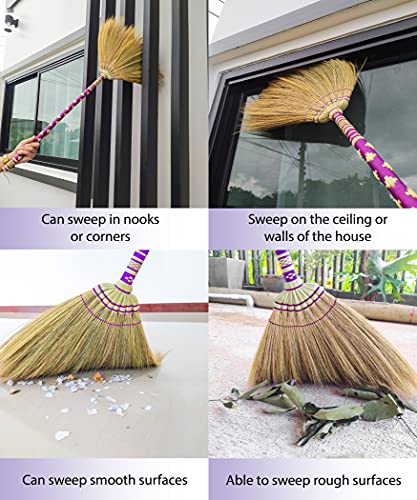 Sweeping Indoor L 40 inch, Asian Broom Thai Pattern Vintage,Witch Broom,Embroidery Woven Nylon Thread on The Whole Handle, Broom for Floor Cleaning,House, Kitchen, Office (Purple)
