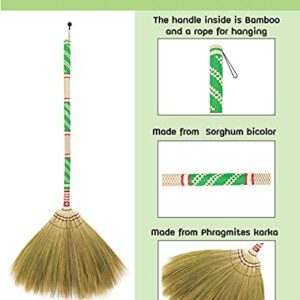 Natural Grass Broom for Sweeping Indoor and Outdoor with Brush Power and Circle Cleaning House, Kitchen, Office,Handmade Broom, Embroidered Woven,Housewarming Gifts Asian Broom 40 inch