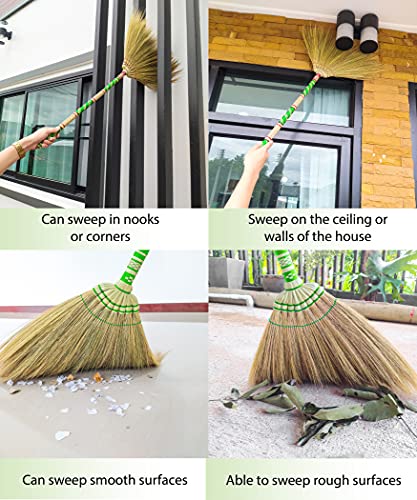 Natural Grass Broom for Sweeping Indoor and Outdoor with Brush Power and Circle Cleaning House, Kitchen, Office,Handmade Broom, Embroidered Woven,Housewarming Gifts Asian Broom 40 inch