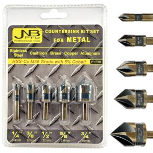 jnb pro metal countersink drill bit set - 5pc high-speed steel with m35 hss-co grade 5% cobalt, sizes 1/4", 3/8", 1/2", 5/8" & 3/4", 82° 5-flute design, 1/4" shank - ideal for stationary or hand drill
