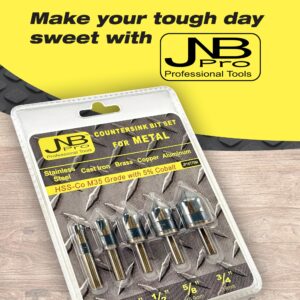 JNB Pro Metal Countersink Drill Bit Set - 5PC High-Speed Steel with M35 HSS-Co Grade 5% Cobalt, Sizes 1/4", 3/8", 1/2", 5/8" & 3/4", 82° 5-Flute Design, 1/4" Shank - Ideal for Stationary or Hand Drill