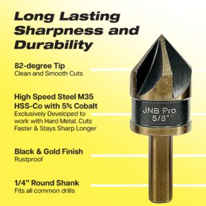 JNB Pro Metal Countersink Drill Bit Set - 5PC High-Speed Steel with M35 HSS-Co Grade 5% Cobalt, Sizes 1/4", 3/8", 1/2", 5/8" & 3/4", 82° 5-Flute Design, 1/4" Shank - Ideal for Stationary or Hand Drill