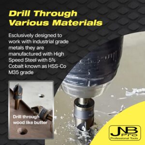 JNB Pro Metal Countersink Drill Bit Set - 5PC High-Speed Steel with M35 HSS-Co Grade 5% Cobalt, Sizes 1/4", 3/8", 1/2", 5/8" & 3/4", 82° 5-Flute Design, 1/4" Shank - Ideal for Stationary or Hand Drill