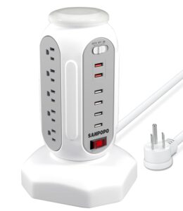 power strip tower surge protector with rbg light, sanpopo desktop charging tower, 15 outlets 6 usb ports, 900joules 6.5 ft retractable cord,multiple protections for home office dorm room (1875w/10a)