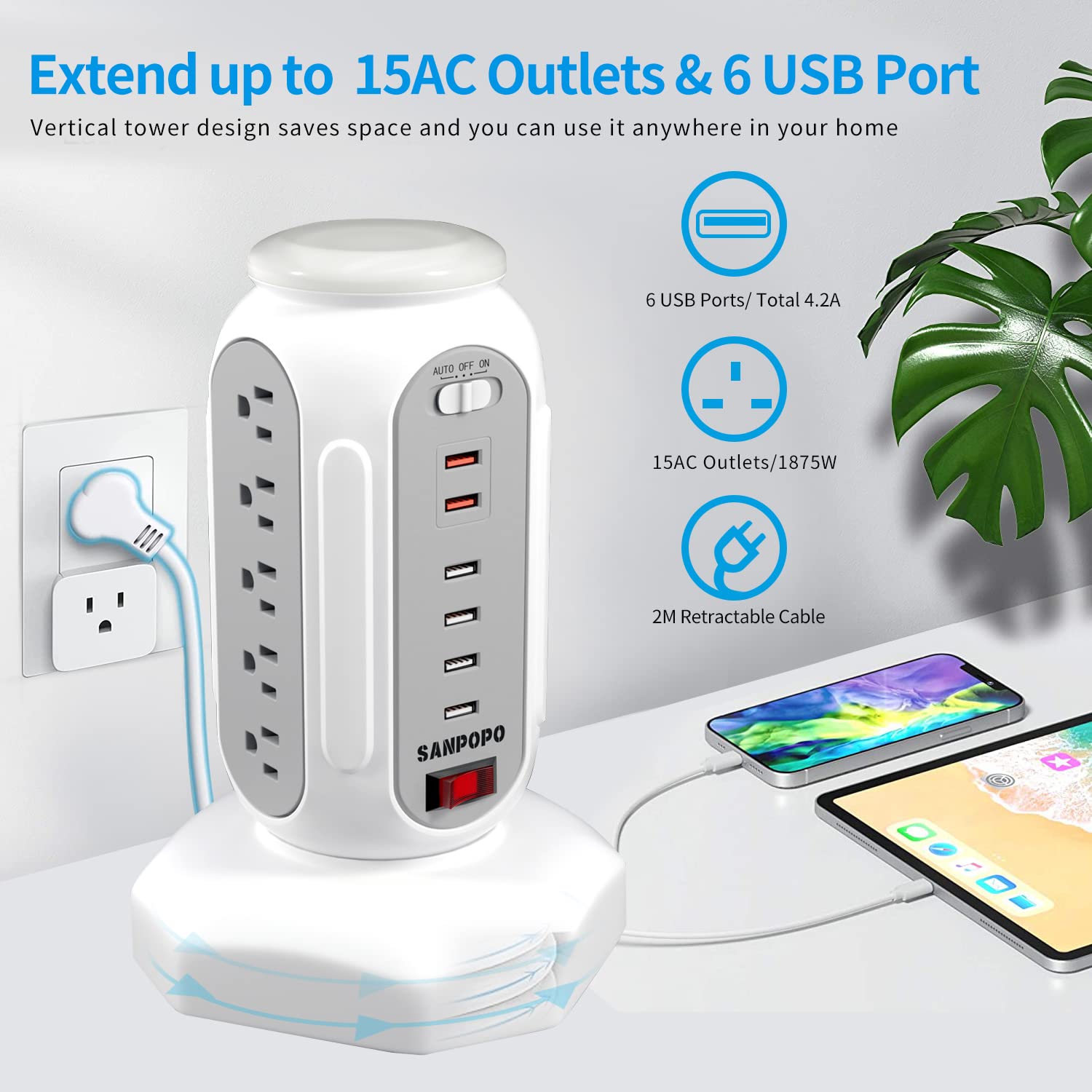 Power Strip Tower Surge Protector with RBG Light, SANPOPO Desktop Charging Tower, 15 Outlets 6 USB Ports, 900Joules 6.5 ft Retractable Cord,Multiple Protections for Home Office Dorm Room (1875W/10A)