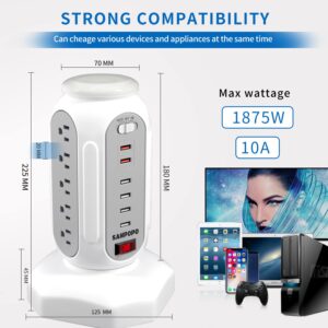 Power Strip Tower Surge Protector with RBG Light, SANPOPO Desktop Charging Tower, 15 Outlets 6 USB Ports, 900Joules 6.5 ft Retractable Cord,Multiple Protections for Home Office Dorm Room (1875W/10A)