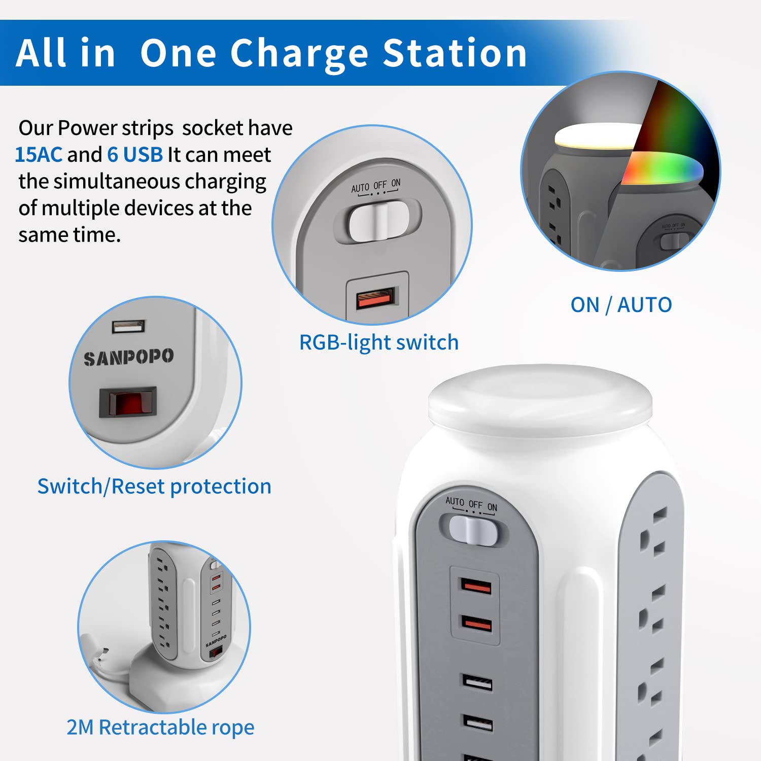 Power Strip Tower Surge Protector with RBG Light, SANPOPO Desktop Charging Tower, 15 Outlets 6 USB Ports, 900Joules 6.5 ft Retractable Cord,Multiple Protections for Home Office Dorm Room (1875W/10A)