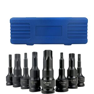 8pcs 1/2 inch torx impact socket sets, t30 t40 t45 t50 t55 t60 t70 t80 cr-mo one-piece construction 3-inch socket bits set