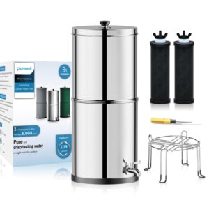 purewell 3-stage 0.01μm ultra-filtration gravity water filter system, nsf/ansi 42&372 certification, 304 stainless steel countertop system with 2 filters and stand, reduce 99% chlorine, 2.25g, pw-ob