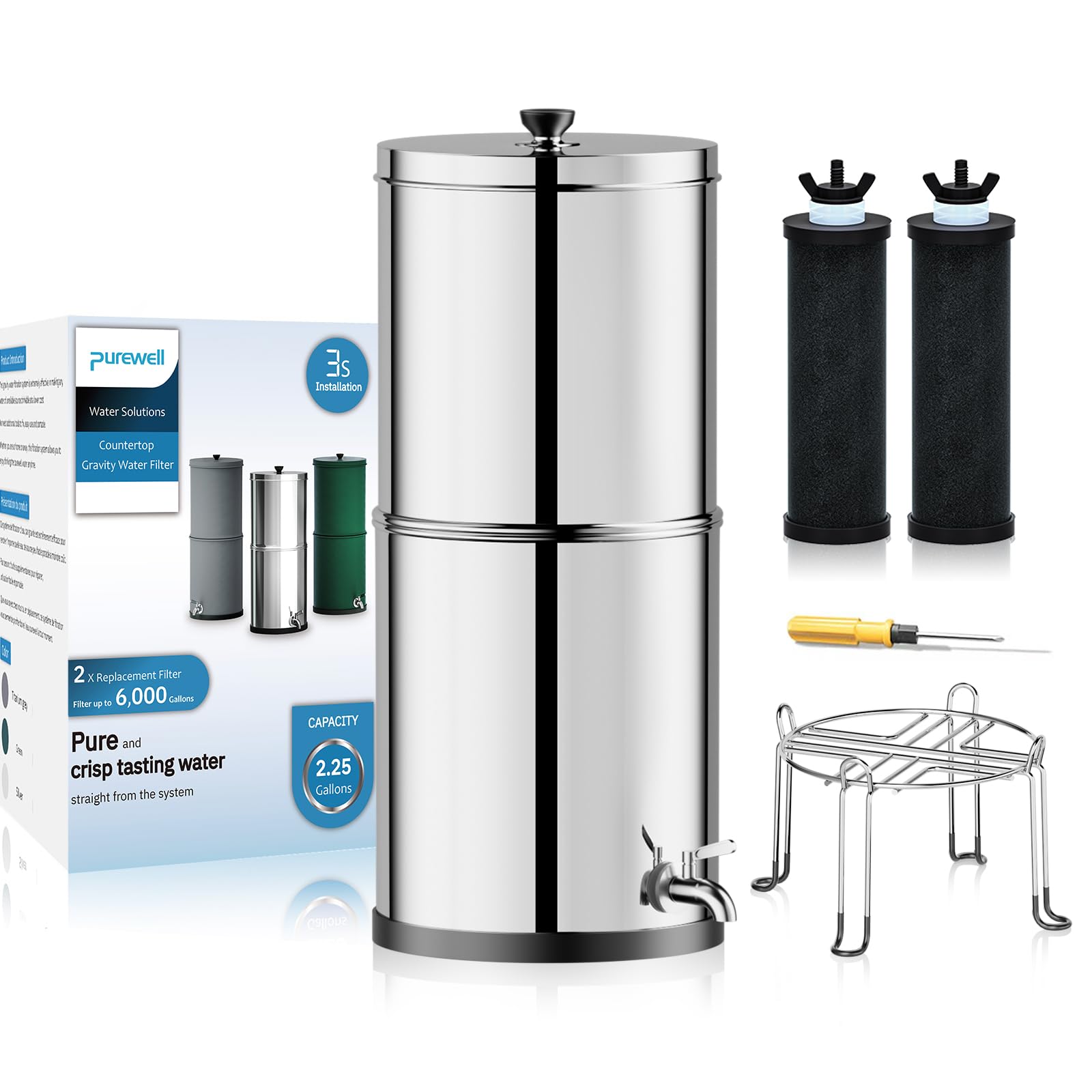 Purewell 3-Stage 0.01μm Ultra-Filtration Gravity Water Filter System, NSF/ANSI 42&372 Certification, 304 Stainless Steel Countertop System with 2 Filters and Stand, Reduce 99% Chlorine, 2.25G, PW-OB