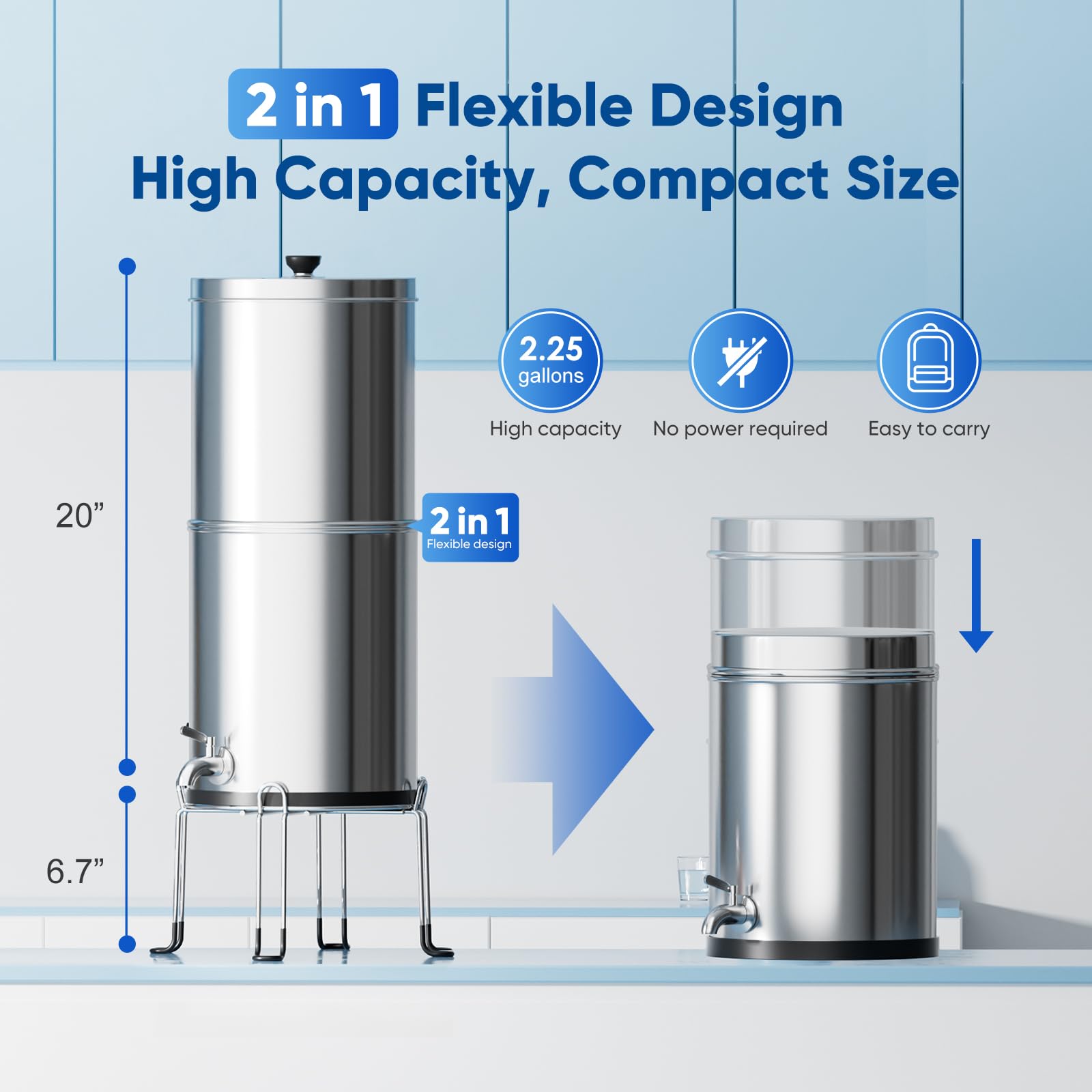 Purewell 3-Stage 0.01μm Ultra-Filtration Gravity Water Filter System, NSF/ANSI 42&372 Certification, 304 Stainless Steel Countertop System with 2 Filters and Stand, Reduce 99% Chlorine, 2.25G, PW-OB