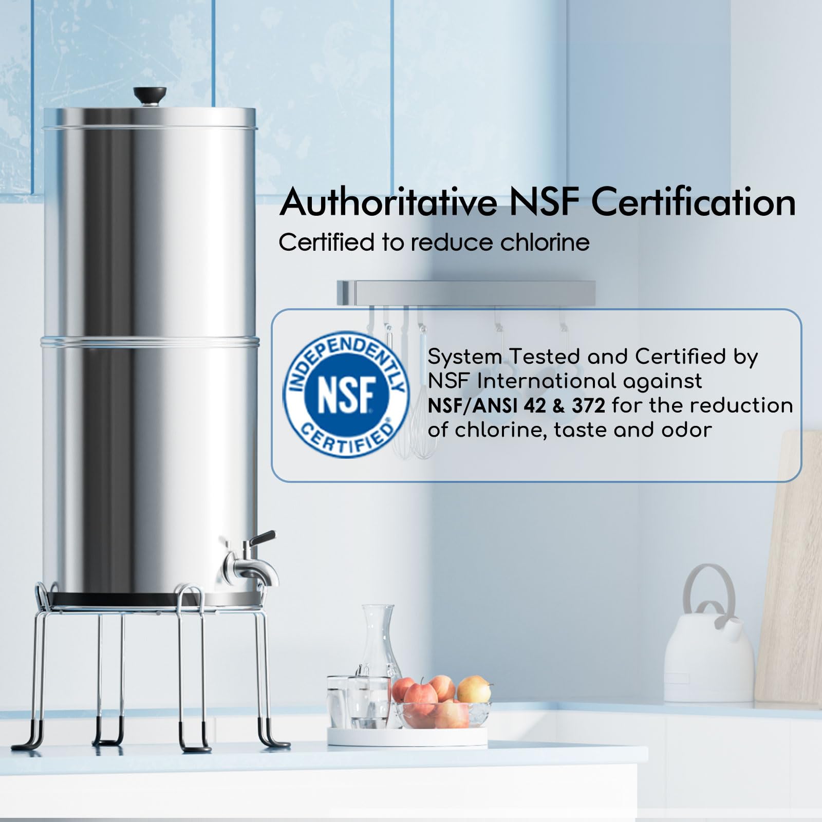 Purewell 3-Stage 0.01μm Ultra-Filtration Gravity Water Filter System, NSF/ANSI 42&372 Certification, 304 Stainless Steel Countertop System with 2 Filters and Stand, Reduce 99% Chlorine, 2.25G, PW-OB