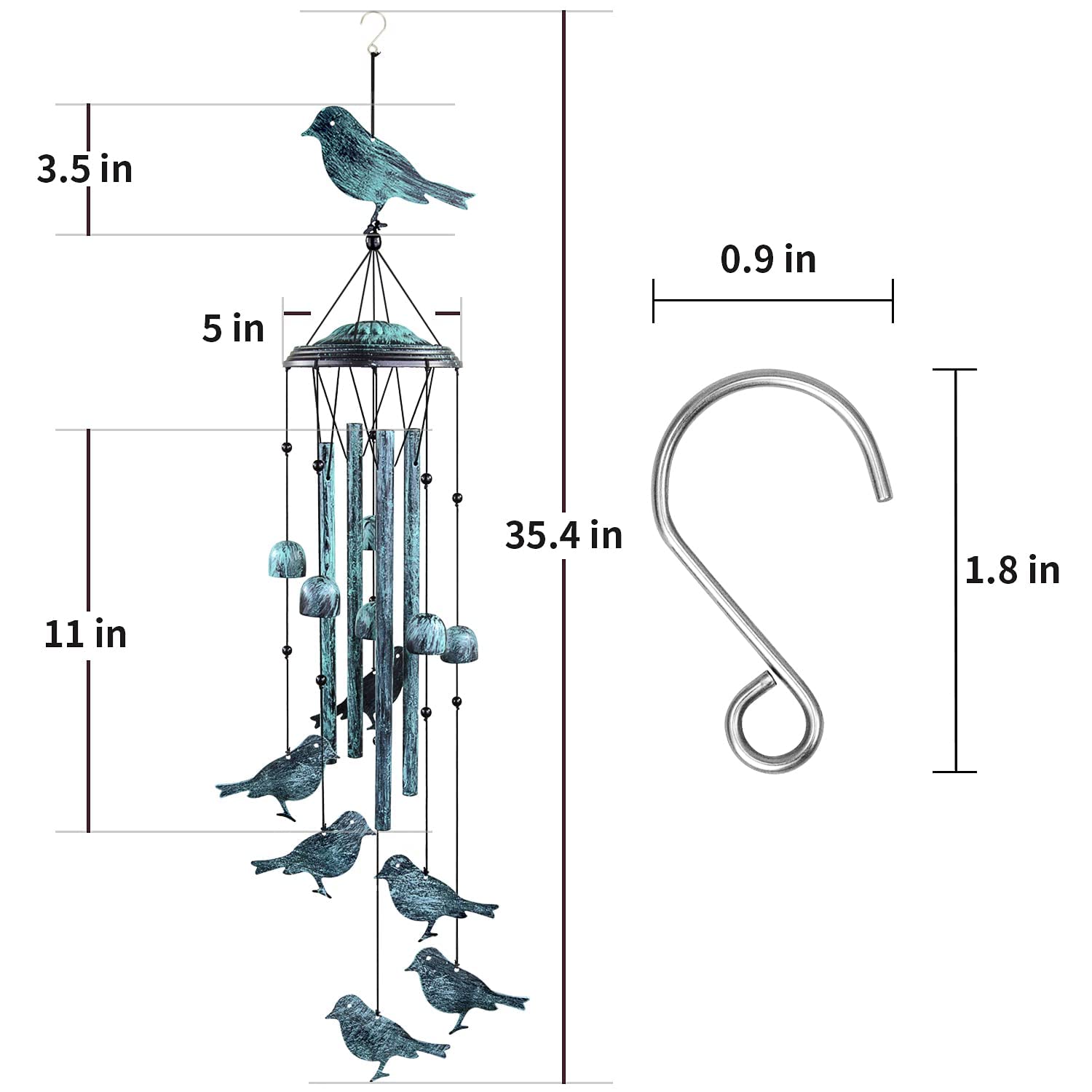 Monsiter QE Bird Wind Chimes for Outside, Outdoors with 4 Large Aluminum Tubes & S Hook - Clearance Hanging Decor for Garden, Patio, Backyard or Porch