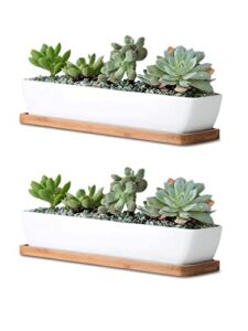 kipokalor succulent planter pot,2 set 11.1x2.36x1.77inch long rectangular modern minimalist white ceramic with saucer for office,desk,window.